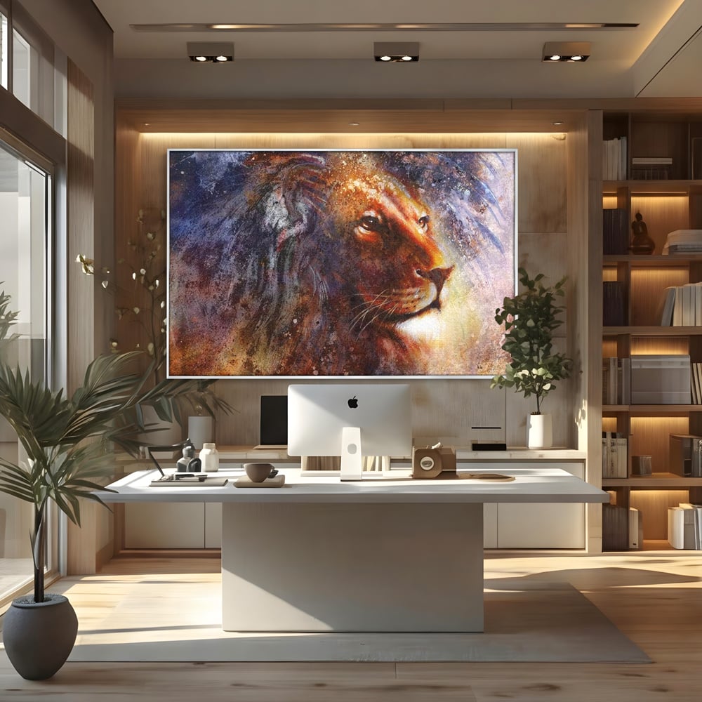 Tablou canvas cu tablou canvas cu leu in nuante cosmice, in rama de aluminiu argintiu, pe perete intr-un birou